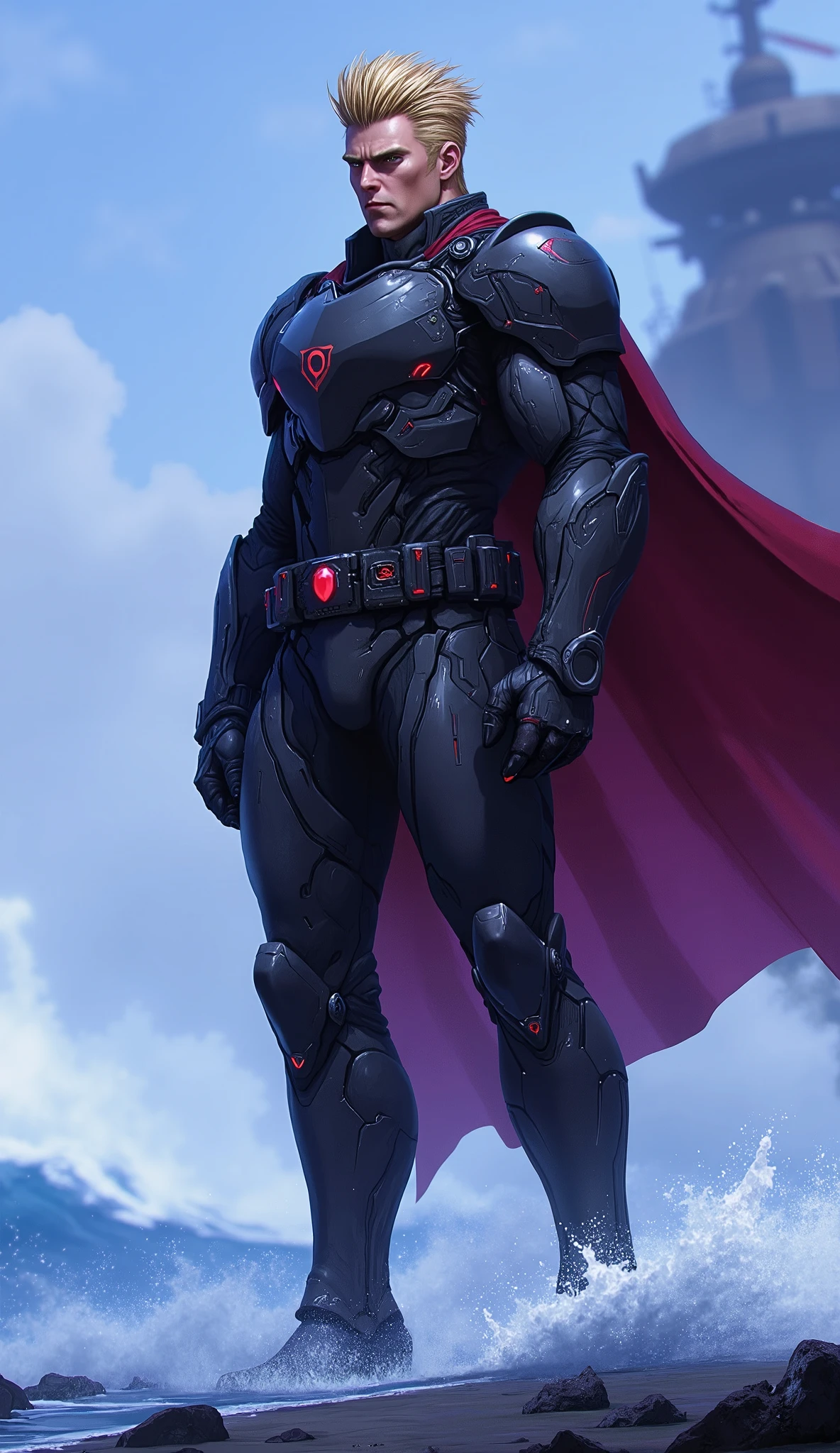 Masterpiece, high quality, concept art, exquisite and mature character illustration of a tall, muscular, handsome middle-aged man with thick, messy short golden hair, chiseled features, sharp eyes, and a cold, stern expression. He wears a form-fitting bodysuit battle armor that blends fantasy and sci-fi styles, dominated by a blue and purple color palette with red and white accents. A belt with an inlaid ruby cinches his waist, and a short cape flows from his shoulders in the wind. He stands in a god-like pose on the deck of an ancient, hyper-tech warship, riding the wind and waves. A sci-fi fantasy maritime overlord. a study of perfect human anatomy, perfect hands, five fingers, dramatic lighting, incredibly detailed.