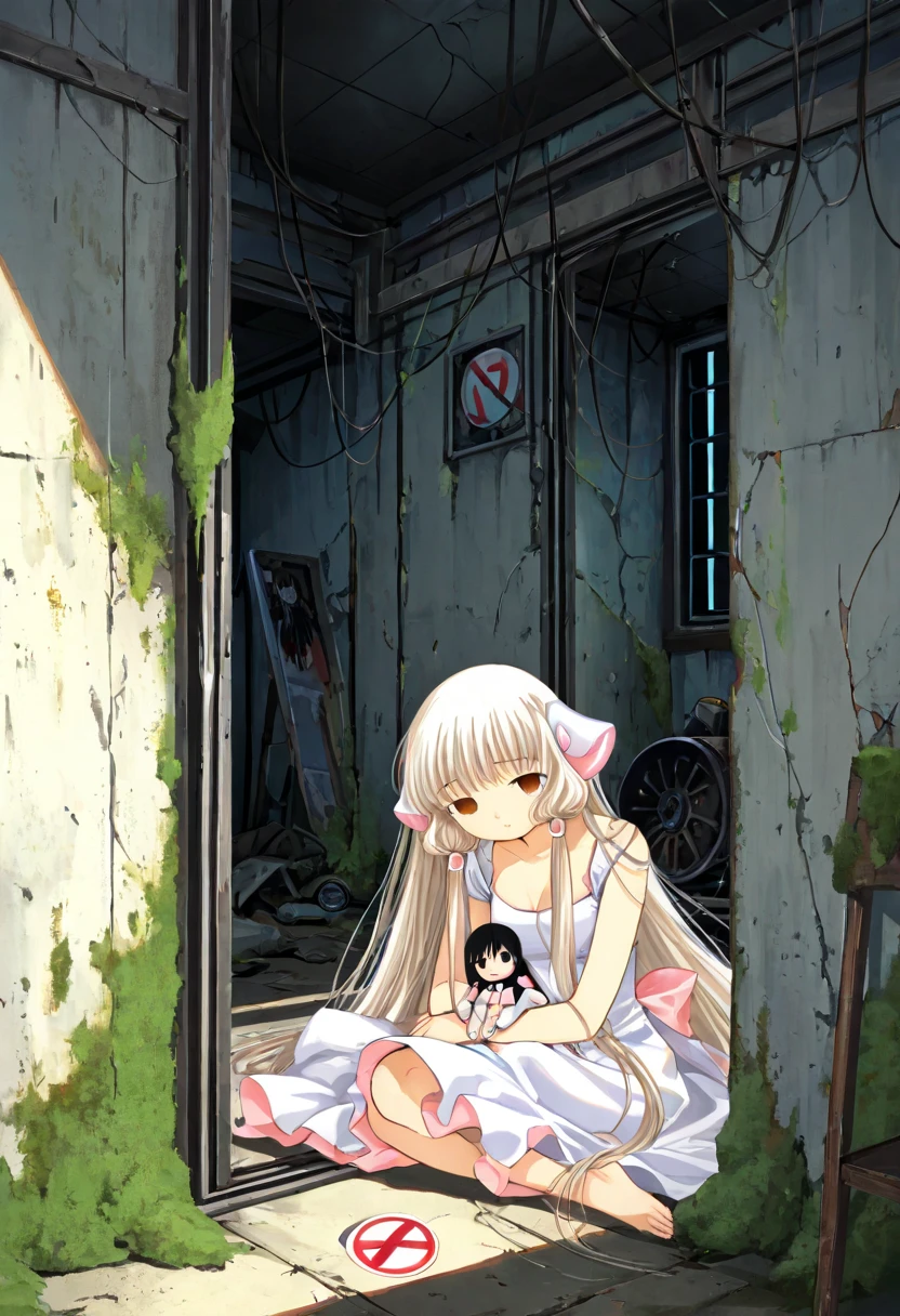 1 girl,  wide-angle lens , Articulated doll , empty eyelet, Abandoned , Abandoned  place, amputated arm, Long hair,indoor,Doll,Chobits, Breakthrough feet, window, shadow, ,( Moss :1.33), Looking Down, dress, "error sign",sitting,at the knee,Deep Light,(masterpiece,  Best quality , Amazing quality, Very aesthetic, high resolution, Super detailed, absurd)