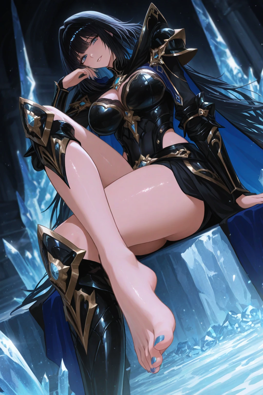Anime style. Girl. A world of swords and sorcery. Wearing evil armor. White underwear. Miniskirt. Knee-high socks. Big tits. Lying down and opening his crotch. Sleeping with mouth wide open.