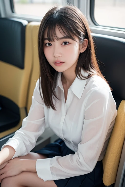 One girl、、 (alone)、(Thrust up the chest)、18 year old student、(Sitting in a school chair by the window)、She is in a bad mood、(Super beautiful girl:1.5)、Large Breasts、Tight blouse、(一张细致的face)、Textured Skin、face、Bare leg hair、(uniform)、high school、classroom、School desks and chairs、Out of the window, I can see the sea, the summer sky, and cumulonimbus clouds...