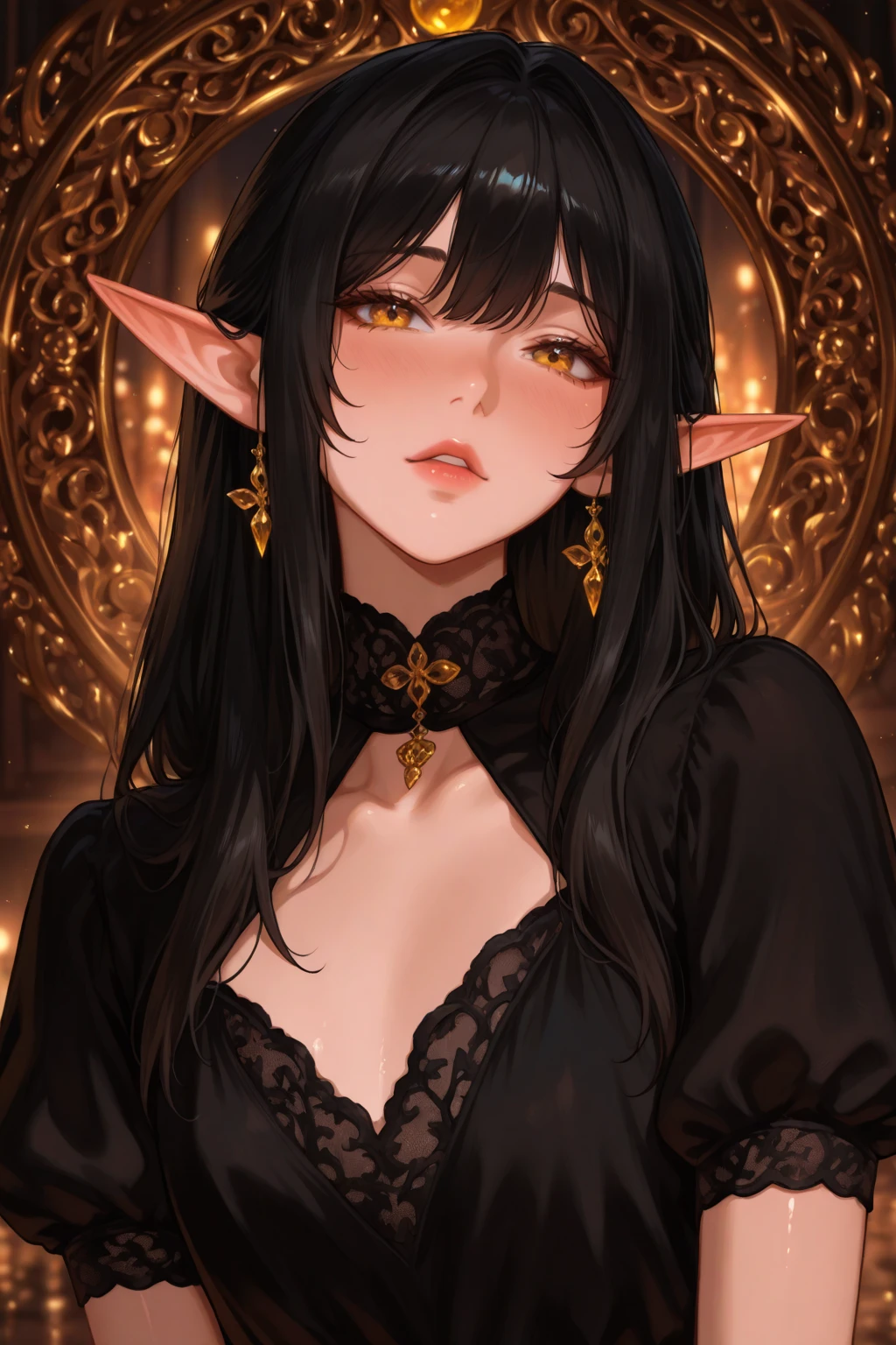solo, (sophisticated victorian dress:1.0), ((masterpiece)),((high resolution)), ((best quality)), extremely fine and beautiful, super fine illustration, (realistic skin), (insanely detailed anime eyes), detailed face, vivid and beautiful, shocking sensation, incredibly detailed, beautiful detailed girl, supple breasts, front view, facing at viewer, black hair, (elf), medium long elf ears, (see-through:0.5), covered, ((black hair)), (very long hair), profile, sitting, plump breasts, plump thighs, wide hips, movie lighting, perfect shadow, realistic lighting shaded, (golden eyes), dark lips, (smoking), (hair with bangs), (full body), (big hips), (smiling), (golden eyes)
