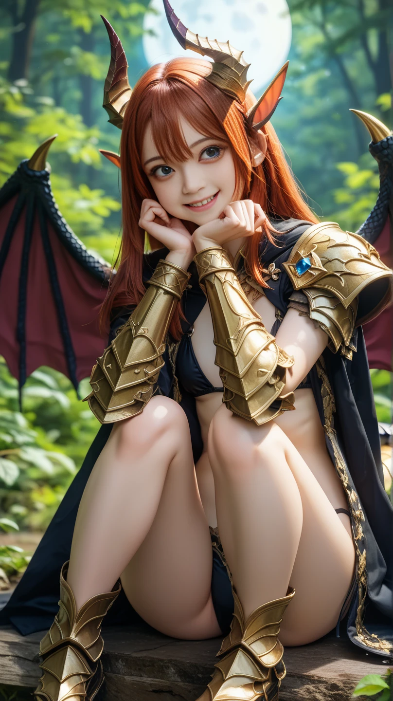 (dragon wings: 1.1), (orange wings: 1.1), 1 orange dragon girl, spessartine maroon eyes, (dragon tail: 1.1), horns, short hair, smile, dragon costume, bare shoulders, 50% miniskirt, thighs, peace sign, hand on hip, fall leaves, dappled sunlight, sharp focus, depth of field, cowboy photo, looking at viewer, from above, (intricate:1.1), (orange theme:1.1) , (orange tone:1.1), (red tone:0.9), (gold tone:0.6), illustration, ((((70% nude)))), ((low angle view, standing on rest position))