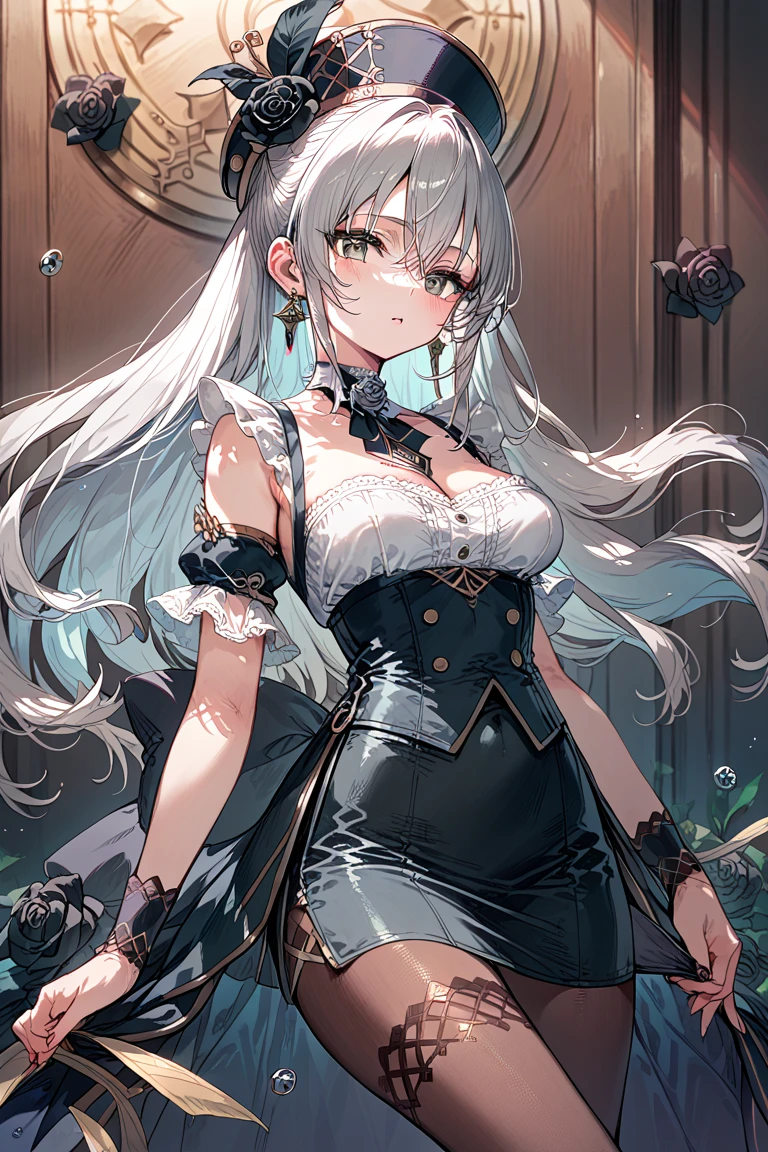 ((tmasterpiece:1.4,Best quality at best))+,(hyper-detailing)+,(詳細な目:1.5)+,(fox ear:1.5),(cute girls),(gold eyes:1.5),(Long gray hair:1.5),(fox tails:1.2),pale-skinned,Seductive smile,red crystal earrings,(Red maid outfit:1.5),(black ribbon,White stockings,White apron:1.4),red silk gloves,Golden Palace,tropical garden,(Classical maid:1.1),(dawn light:1.2),(Thick black and white:1.16),(depth of fields:1.4),Complicated details,color mixing,Detailed route,Excellent,super detailing,The content is very detailed,(hight contrast:1.11),ventania,Amazing cleavage,beautidful eyes,messy hair,(best illuminate,Extremely Delicately Beautiful), ((movie light lighting)), (elevation perspective:1.3),8K,tmasterpiece,Best quality at best,cinematic Film still from,1 plump girl,(Close-up cleavage:1.1),bright,Interesting,gentlesoftlighting,(bauhause,shape,line engineering,Abstract:1.1)offcial art, Unity 8k壁纸, ultra - detailed, Beautiful and beautiful, tmasterpiece, Best quality at best, (dynamic angle:1.4),PerfectNwsjMajic,(tmasterpiece,top-quality,Best quality at best,offcial art,Beauty and aesthetics:1.2),The content is very detailed,rich colourful,highest details,