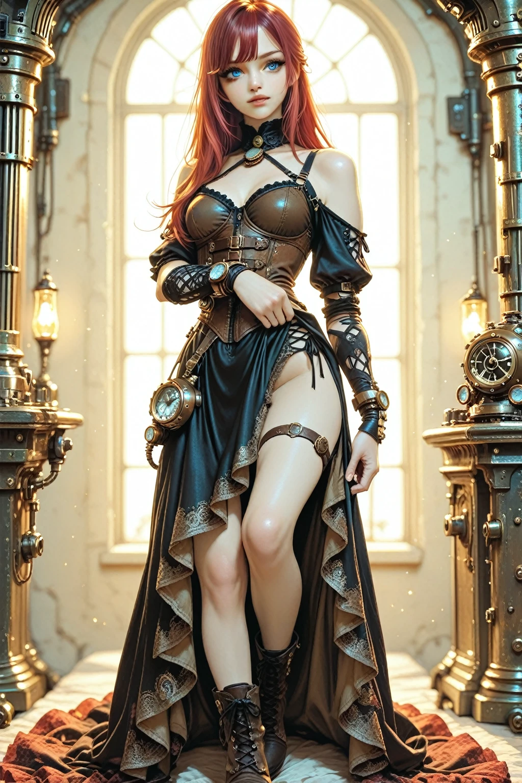 steampunk princess on an artificial horse,transparent , lovely,beauty,overknee  satin socks, all in very detailed steampunk style,photorealistic,dynamic light,sweet smile,beautiful,hot,transparent shiny satin,colourful sexy outfit,sweat body,Erotic, ginger hair,nsfw, different erotic modelpositions 