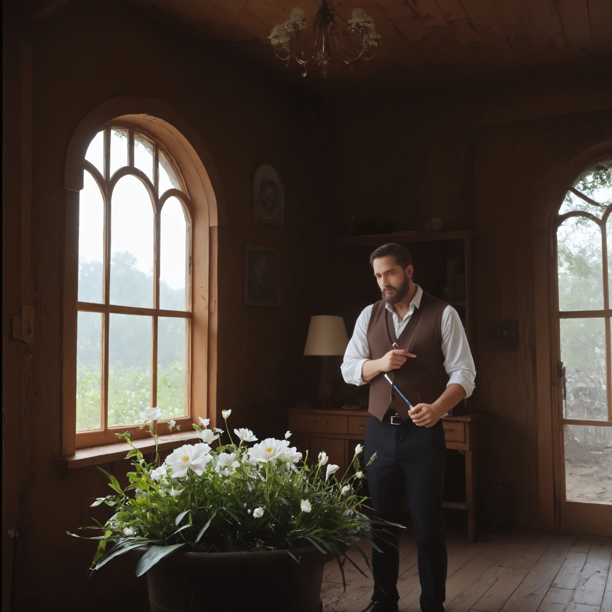 uzzlanggirl,Inside an old house , attic, Dust-Covered Spherical Articulated Doll, One beard man have long beard shaving. Degraded Over Time, Fresh White Flowers Are Attached to the Hand, Moonlight Shining Through a Window, Flowers Are Illuminated, masterpiece, top quality, Highest image quality, Hope in the Fallen, Spherical Articulated Doll Parts Are Scattered, realistic shading, amazing lighting