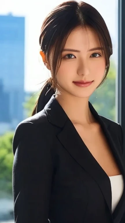 (masterpiece:1.3, Highest quality, Ultra-high resolution, Super detailed), (Realistic, photoRealistic:1.4), Beautiful illustrations, Perfect lighting, colorful, Depth of written boundary,
Beautiful detailed hair, Beautifully detailed face, Beautiful attention to detail, Beautiful clavicle, Beautiful body, Beautiful breasts, Beautiful thighs, Beautiful feet, Beautiful fingers,
View your viewers, Front view:0.6, 1 girl, Japanese, high school girl, Perfect Face, (Perfect Anatomy, Anatomically correct), Cute and symmetrical face, Baby Face, , Glowing Skin,
(Long Hair:1.5, Twin tails:1.5, Rosy brown hair), Asymmetrical bangs, Brown eyes, Long eyelashes, (Medium chest), thin,
((Navy Blazer, White collared shirt, nabuto pleated skirt)), Dark red bow tie, Earrings,
(Beautiful views), evening, (city, cityscape in the distance), Are standing, (Place your hand on your chest), (Smile, Lips parted),