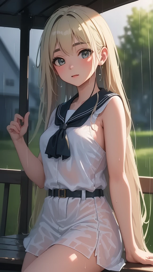 Cornflower art, dreamy, (masterpiece, top quality, perfect anatomy, beautiful face, realistic, super detailed, 1 girl, 18 ears senile, solo, depth of field, canon 24mm lens, f1.4, cute_girl, sailor_ collar, clear facial features, short sleeves, small breasts, slender stature, height 170, barefoot, double ponytail, bangs, gravure pose, outdoor, jungle, Blurred background, (Uwabaki: 1.1576)) Drenched all over, clear liquid dripping from the crotch, the front of the shirt is exposed, the breasts are visible, transparent bra, light blue striped buns,