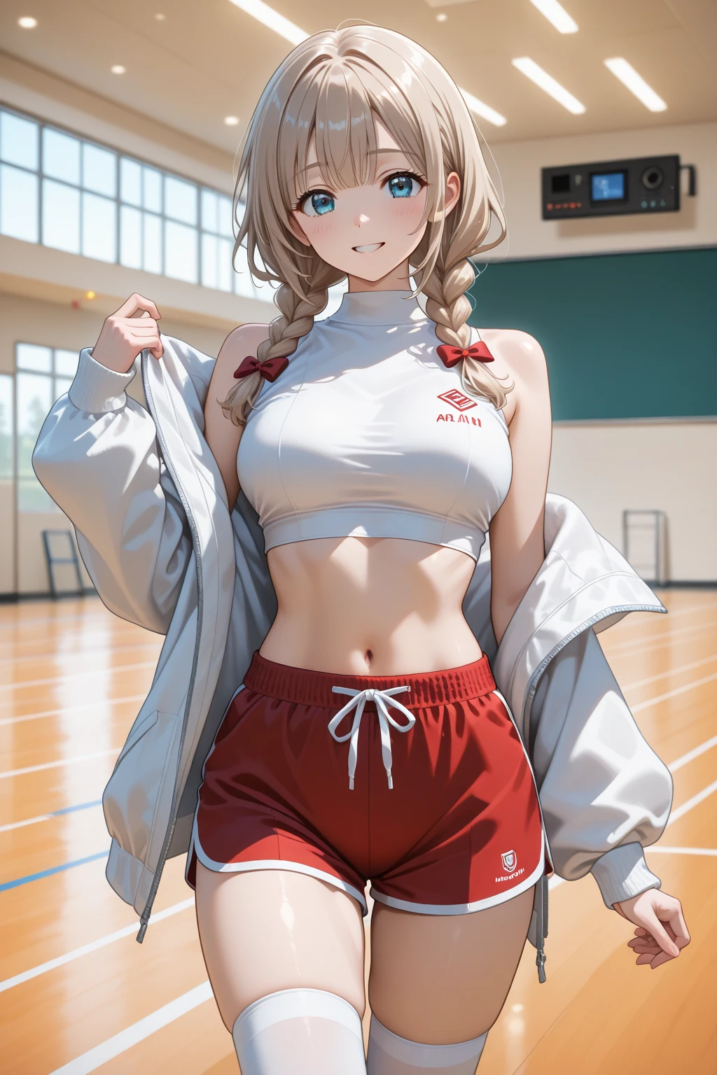 ((2D beautiful girl、top-quality、Perfect Finger 1.1、Perfect ??????? 1.1、Dress perfectly、Beautiful illustration))、cute petit girl、(transform sequence)、((Leotard))、14years、a junior high school student、Fractal Art、baby-face、((stright long hair))、beatiful detailed eyes、Show your teeth and smile、glad、Full Body Display、（1 persons）、（cheer girl）、A quiet schoolyard with blue skies、The costume is brightly colored、