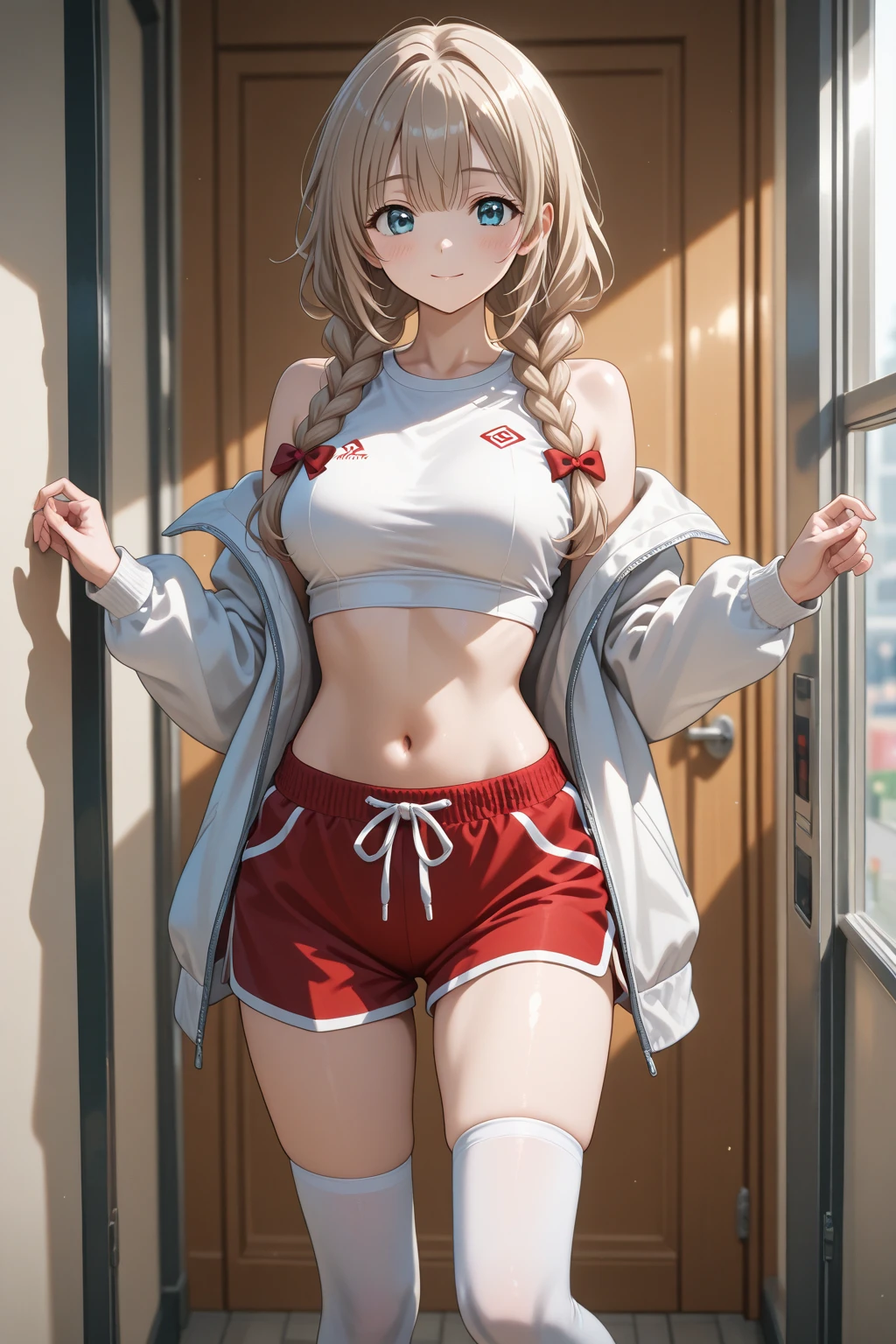 (((1 lolita girl))), when he plows, (Red eyes: 1.5), blond hair, (blond hair: 1.1), by the wide, conical bun, hair ornament, hair shots, He drowned, Stripe, blue bow tie, (tight red workout top and shorts, ((red tight top and shorts)), white thighs, white thigh highs), has, (muscular belly), well muscled abs, Wide hips, Thin waist, small breasts, (((sentada resting his arm against his head))), wearing black heels, (((resting his arm against his head))), {{sitting spreading her legs showing her pussy squeezed by the shorts}}, ((showing tight pussy by short)), {{{Full body photo}}}, smile, happy, with eyes closed, smiling at viewer with open mouth, REST looking at the viewer , breaking and entering, sitting on a bench in a gym, {sitting on a bench in the gym}, interval (masterpiece: 1.2), Best Quality, highest resolution, unity wallpaper 8k, (illustration: 0.8), (beautiful detailed eyes: 1.6), extremely detailed face, perfect lighting, Extremely detailed CG, (perfect anatomy), {anatomically correct}, {{perfect hands, (correct hands)}.