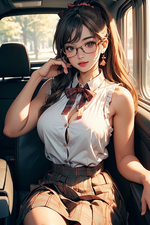 (Details of a very beautiful face), (Best Quality:1.4), 8K resolution, High resolution, (Photorealistic, High resolution:1.4), Raw photo, (Realistic, Photorealsitic:1.37), 2girls, Beautiful girl of the highest grade, Super beautiful detailed face, cleavage, (hi-School uniform with wide open breasts:1.25), big breasts, pleated skirt, pantyhose, black pantyhose, school ribbon tie, Gloss on lips, Parted lips, looking up at the viewer, sit on the seat, legs crossed, loafers, provocative smile, inside the train, glasses, braided pigtails