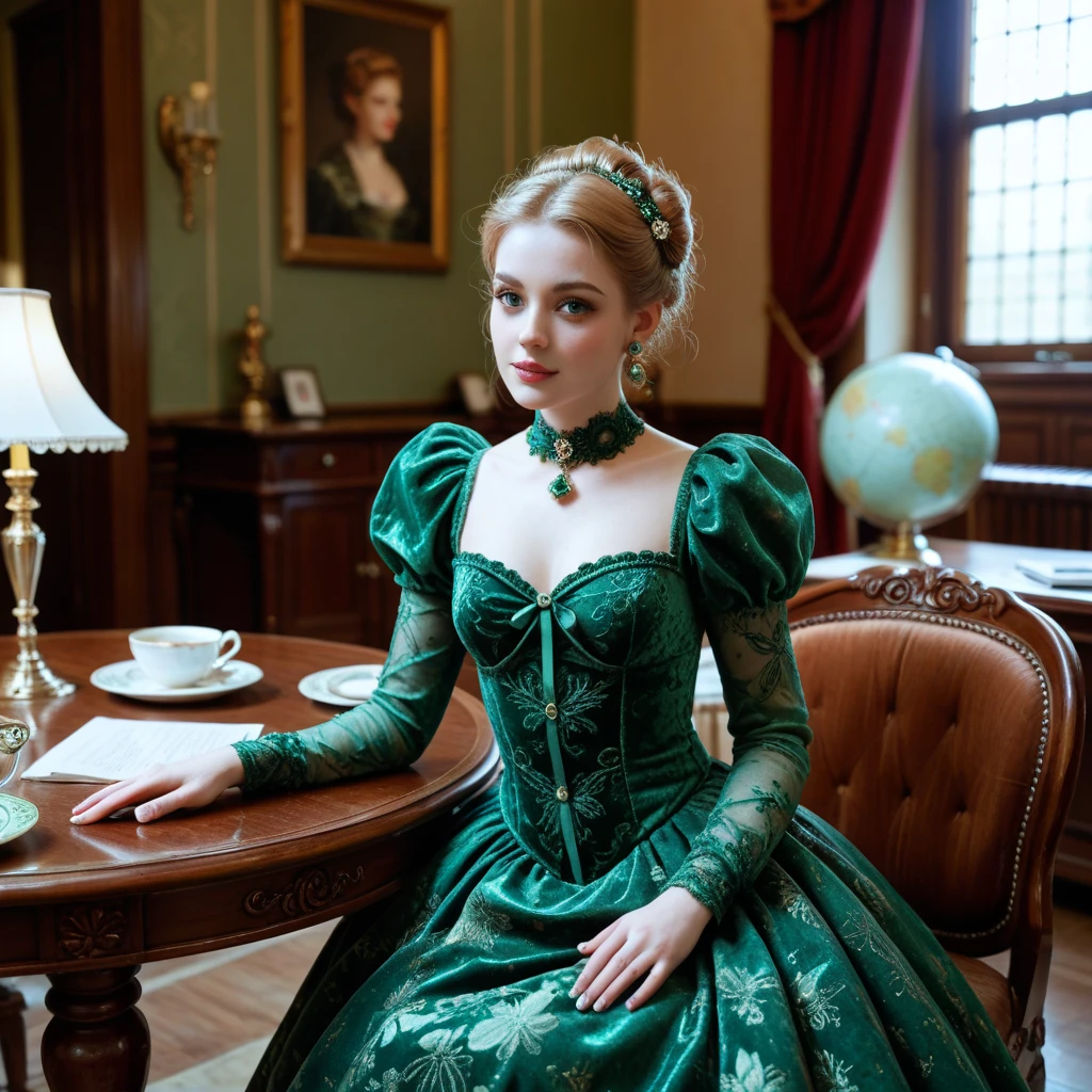 Young, a slender beautiful girl stands in the hallway of a Victorian mansion. brown-haired, hair tied up in a bun, tricky glance, large green eyes, Pointed nose, plump lips. Dressed in a silk dress with a modest neckline. looks straight
