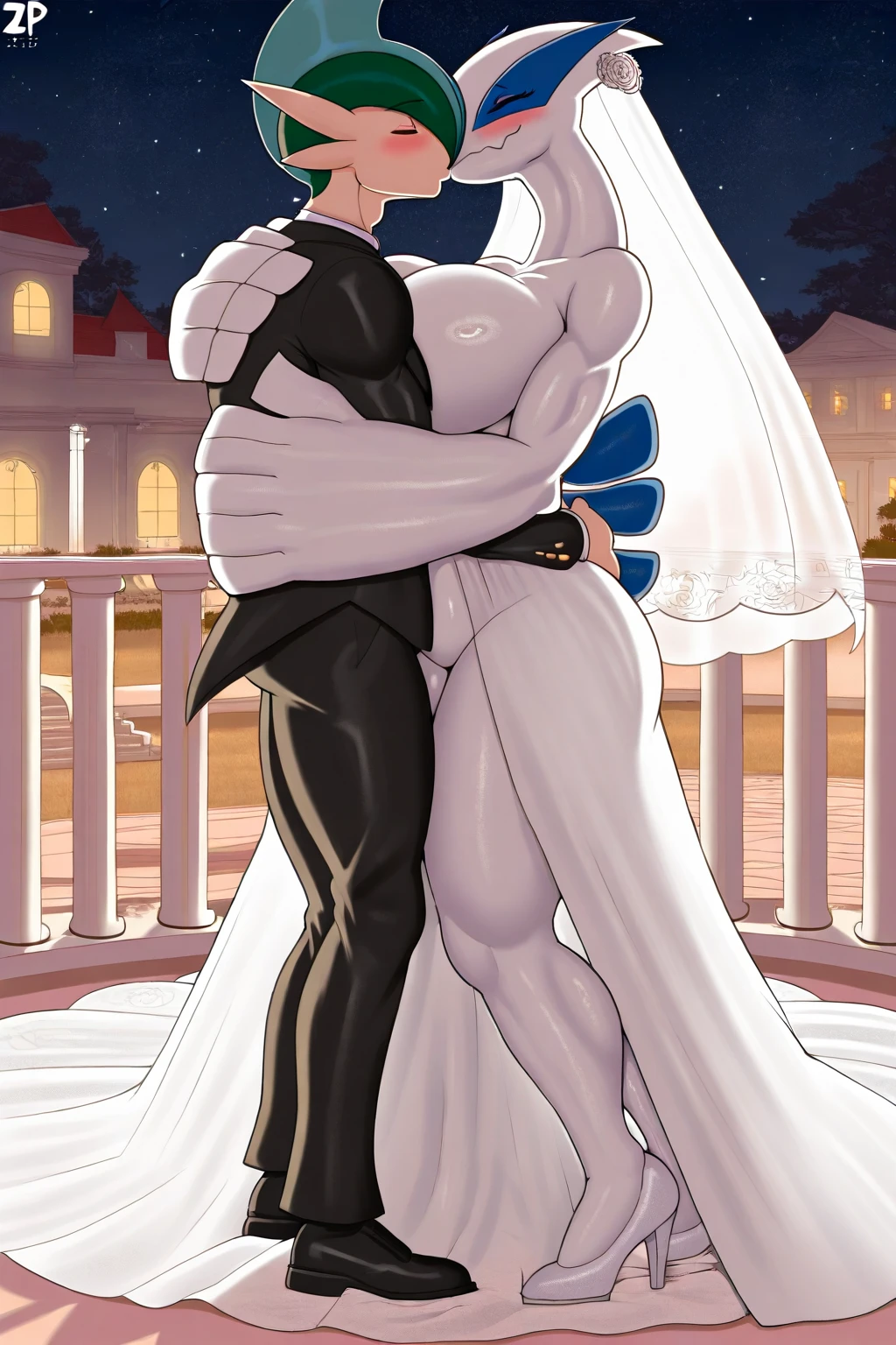 Two muscular Asian men standing in the center of the stage for wedding photos,A person wears a pink dress,One of them wore a white wedding dress,fatness,They look 40 years old,There is love,Love each other,Gently kiss each other's mouths,detail in face,Delicate face(realisticlying,A high resolution:1:3)