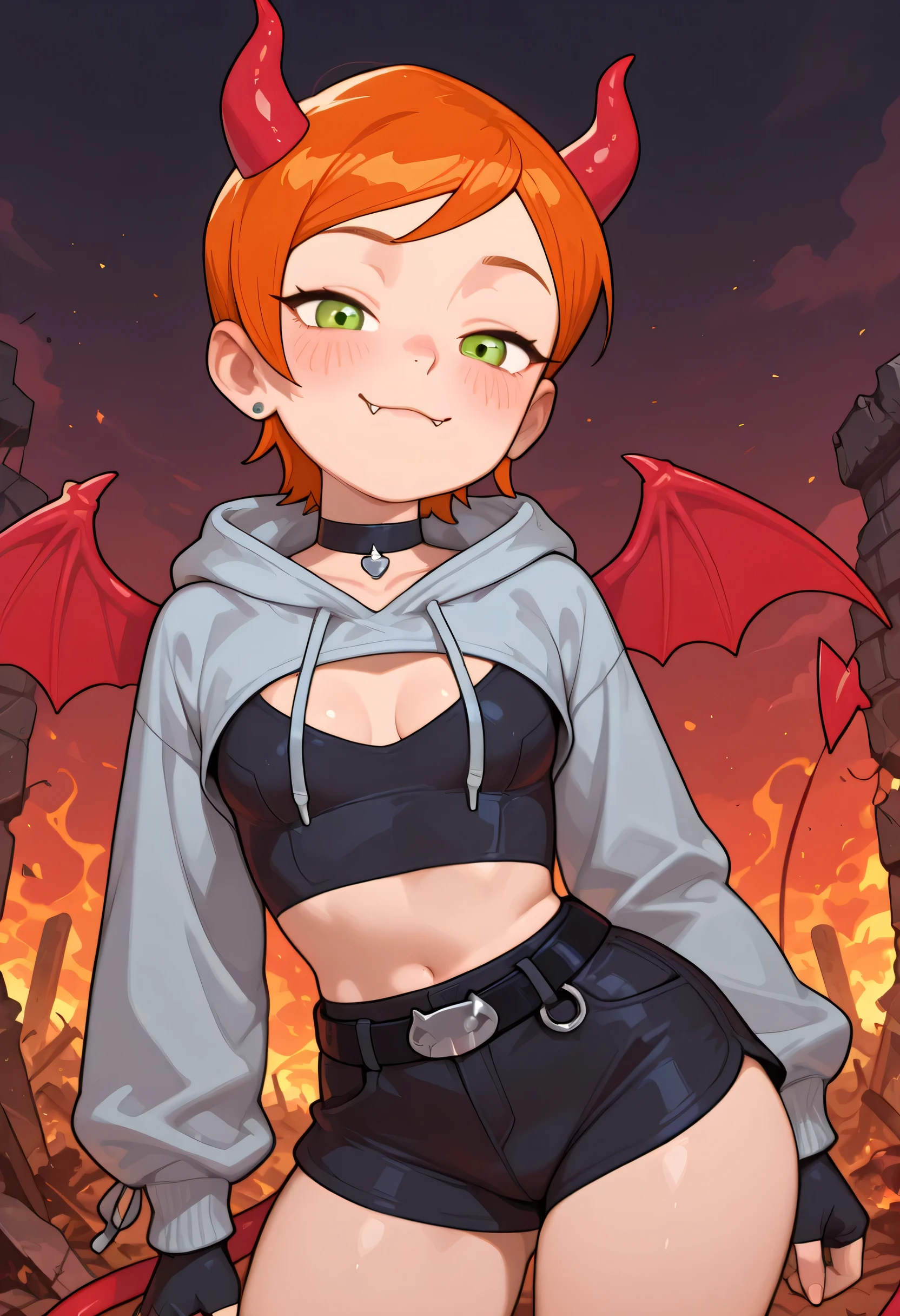 Gwen Tennyson . ginger . short hair . green eyes . small breasts, huge hips. slim body . choker . | solo, ruins, hell, cloud, sky, dark sky, fiery sky, fire, cowboy shot, horns, demon tail, tail, demon wings, wings, hoodie, cropped hoodie, long sleeves, shorts, fur-trimmed hoodie, trim, gloves, fingerless gloves, cleavage cutout, midriff, belt, belt buckle, drawstring, contrapposto, blush, looking at viewer, smug, :3, fangs out, <lora:Broly_v1:1> dbsb, extremely detailed, highres, masterpiece, best quality