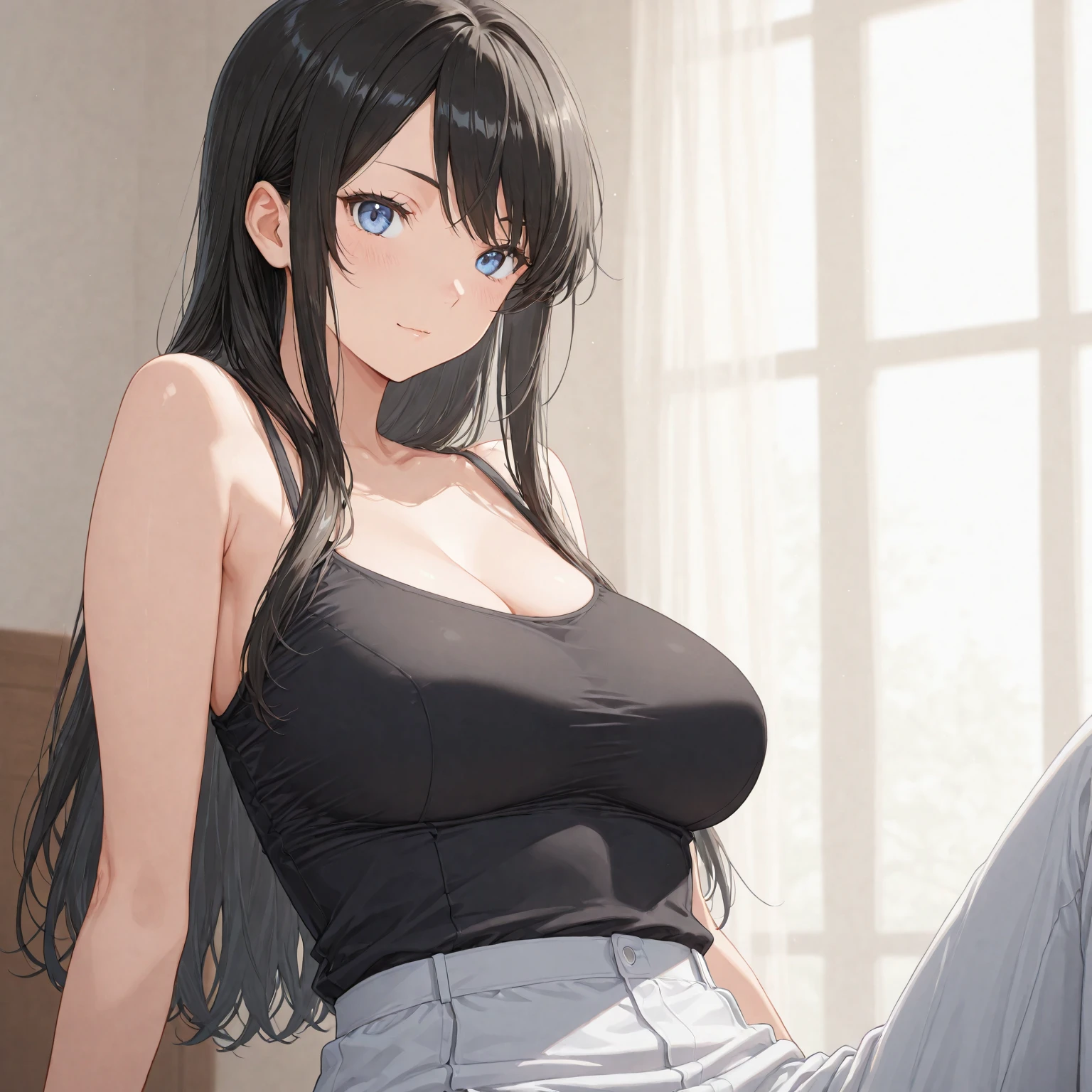 Biologically correct five fingers、denim, jeans, large breasts, door, doorway, indoors, leaning forward, opening door, smile ,open mouth、looking up, Upper Body, Realistic, real person, (pale skin: 1.2), RAW photo, photorealistic, portrait photography, shiny skin, shiny hair、(A 25-year-old woman with straight hair and bangs) and (medium hair) and (black hair) and (purple eyes) , (white) and (T-Shirts) and (long sleeve) 、Cleavage、Alone、Are standing