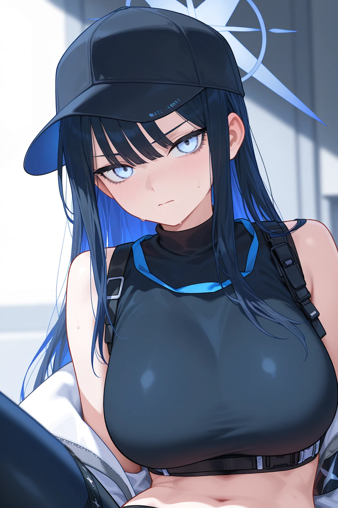 score_9、score_8_up、score_7_up、score_6_up、source_アニメ、、gen、Oiled skin、Wet、Shiny skin、Dripping、One girl、Saori(Blue Archive)、solo、chest、belly button、Underarm、hat、stomach、Long Hair、blue eyes、口mask、gloves、mask、Crop top、Halo、No sleeve、大きなchest、pants、Baseball cap、No sleeveshirt、abdomen、Blue Hair、黒いhat、Raise your arms、shirt、See who's watching、黒いgloves、黒いshirt、Bare shoulders、Cowboy Shot、belt、Simple Background、Pulling on clothes、黒いpants、holster、Bare arms、黒いbelt、Black Hair、Are standing、Underarmを見せる、Outdoor、sunny、