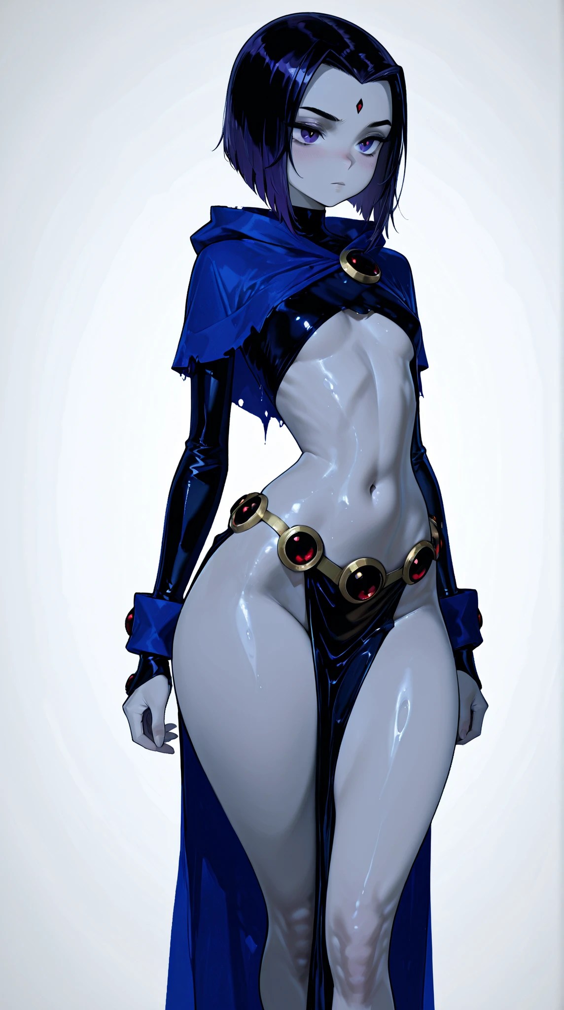 Blue skinned Japanese girl、Close-up of a girl in a black leotard、Black glossy leotard、Black boots、Wearing a belt around the waist、Saiyan Girl, wonderful, Nano Girl, Female body type, Inspired by Hiromu Arakawa, Anime Manga Robot!! Anime Girls, Fubuki, Full Body Suit, by Hiromu Arakawa、wonderful, silk, Beautiful and attractive anime teen, Anime Girls of the future, tears,Drooling,Pee,Sweat,Tongue out,incontinence,Peeing,Mouth open and tongue out,Estrus,Eyes wide open,Estrus,Blushing,Nipples are erect,Face is hot,Lust、Mouth wide open and tongue sticking out、incontinence、My crotch is wet、Crying face、Drooling