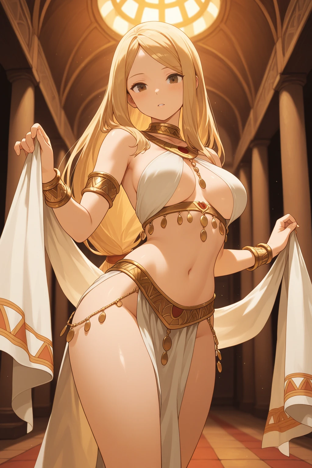 Best quality, intricate details, woman, (Ankha:1.2), egyptian, (sand), (pyramids:1.1), dust storm, (hand on hip), looking down, (yellow skin), (humanid cat:1.1), sparkling in eyes, (round breasts), (bubble butt), (wide hips:1.1), (slim waist:1.1), (thick thighs:1.1), (detailed face and eyes:1.2), (caracter Ankha:1.2), (wet skin:1.1), sparks, particles, (sweaty:1.1), (prefect costum:1.1), (detailed clothes:1.1), (gold lining lingeris:1.1), (detailed background), (prefect nails), (slendre body:1.1) thigh gap, (detailed hand and finger:1.2), (medium breasts:1.2), (busty), (deep cleavage:1.2).