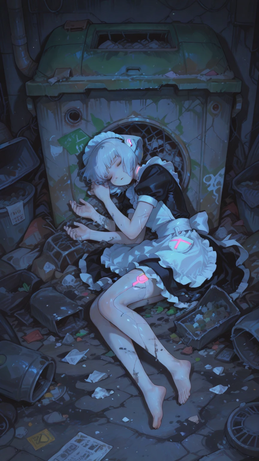 Cyberpunk Style,semi-realistic illustration,Dim neon,1android girl,soon-to-be junkyard,It's raining,scattered trash,The robot girl who fell and was buried inside,dirty broken maid outfit,crooked hands and feet,like sleeping quietly lying in a garbage dump