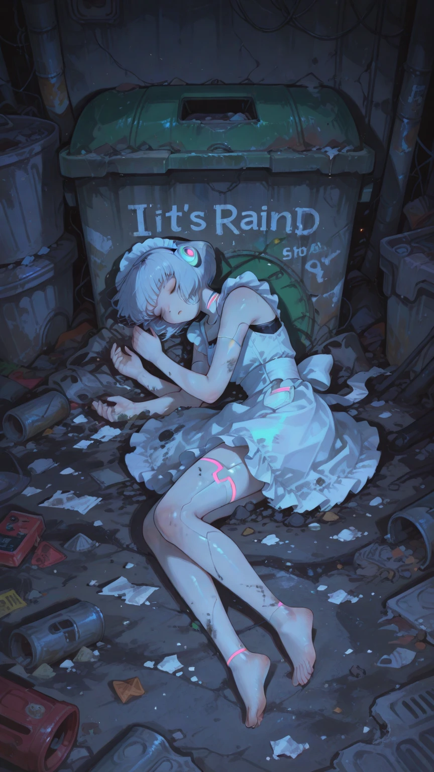 Cyberpunk Style,semi-realistic illustration,Dim neon,1android girl,soon-to-be junkyard,It's raining,scattered trash,The robot girl who fell and was buried inside,dirty broken maid outfit,crooked hands and feet,like sleeping quietly lying in a garbage dump