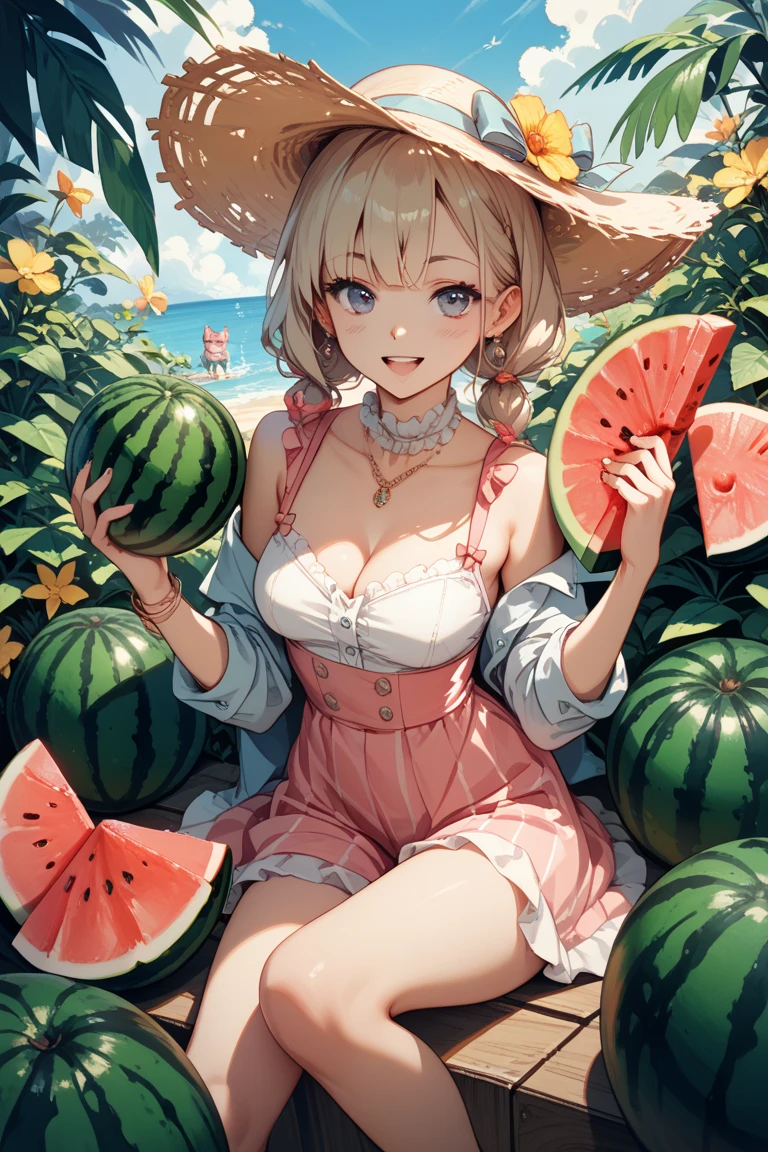 Highest quality、High resolution、Detailed Background、(Beautiful face in every detail:1.4)、Anatomically correct、(Normal number of fingers:1.2)、Highly detailed face、Detailed eyes、Teenage beauty、Huge breasts、Perfect body line、Light color hair、Braided bob cut、Braided Ponytail、Braided twin tails、well-groomed eyebrows、In the hot sunshine、Hot summer day、Sandy Beach、A big smile、smile、
(Five girls smashing watermelons on Sandy Beach:1.5)、
(Two girls eating a slice of watermelon with a big smile:1.5)、
Holding a wooden stick, prepare to split the watermelon、The stick is swung down with a shout.、
The sound of the watermelon shattering elicits cheers.、The bright red flesh of the watermelon is revealed、
Girls in colorful swimsuits、Pick up a watermelon on the sand、I have my mouth full、The way the juice flows down is adorable.、We're all having a great time.、cute