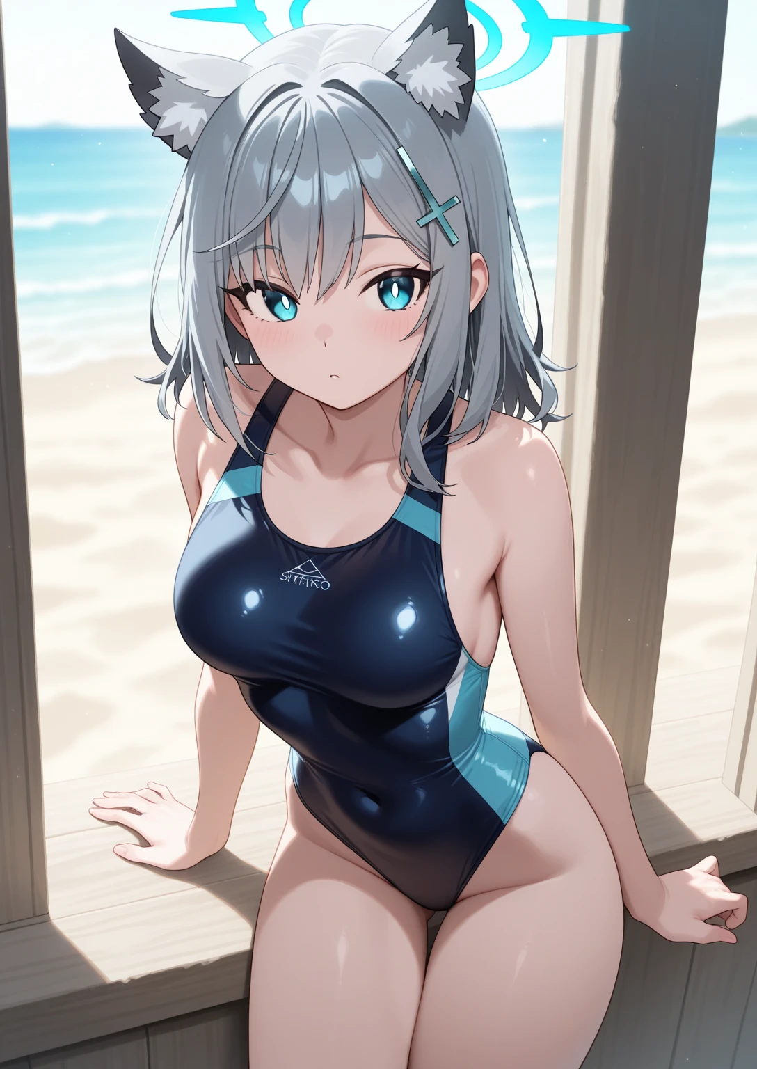 (Highest quality, masterpiece),(One girl), Beautiful face with attention to detail, (Silver Hair、medium hair (shoulder length),wolf cut,ponytail), Light blue hairpin, Cat ear、Long Hair、Straight Hair、Fluttering in the wind、Beautiful, detailed eyes, Sparkling eyes,Cute face、(Medium sized breasts、Slender body)、((Black school swimsuit、tight、nsfw))、Tropical Beach、cave、sit、Wide-open legs