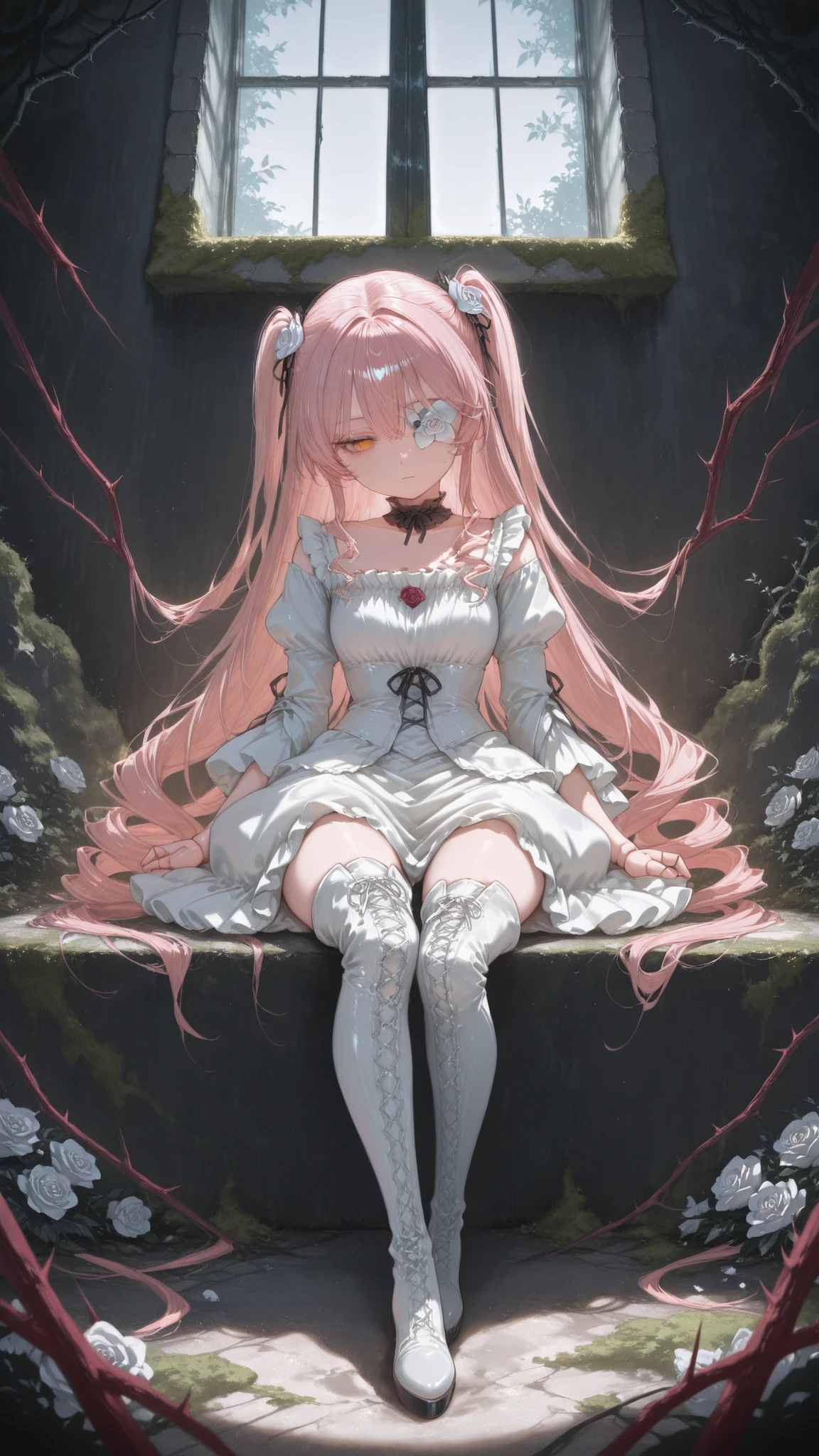 xuer the cross,1girl,solo,chain,sitting,cuffs,thighhighs,wariza,blindfold,long hair,collar,chained,shackles,dress,on floor,indoors,bound,hand between legs,facing viewer,white thighhighs,bangs,cross,pink hair,latin cross,