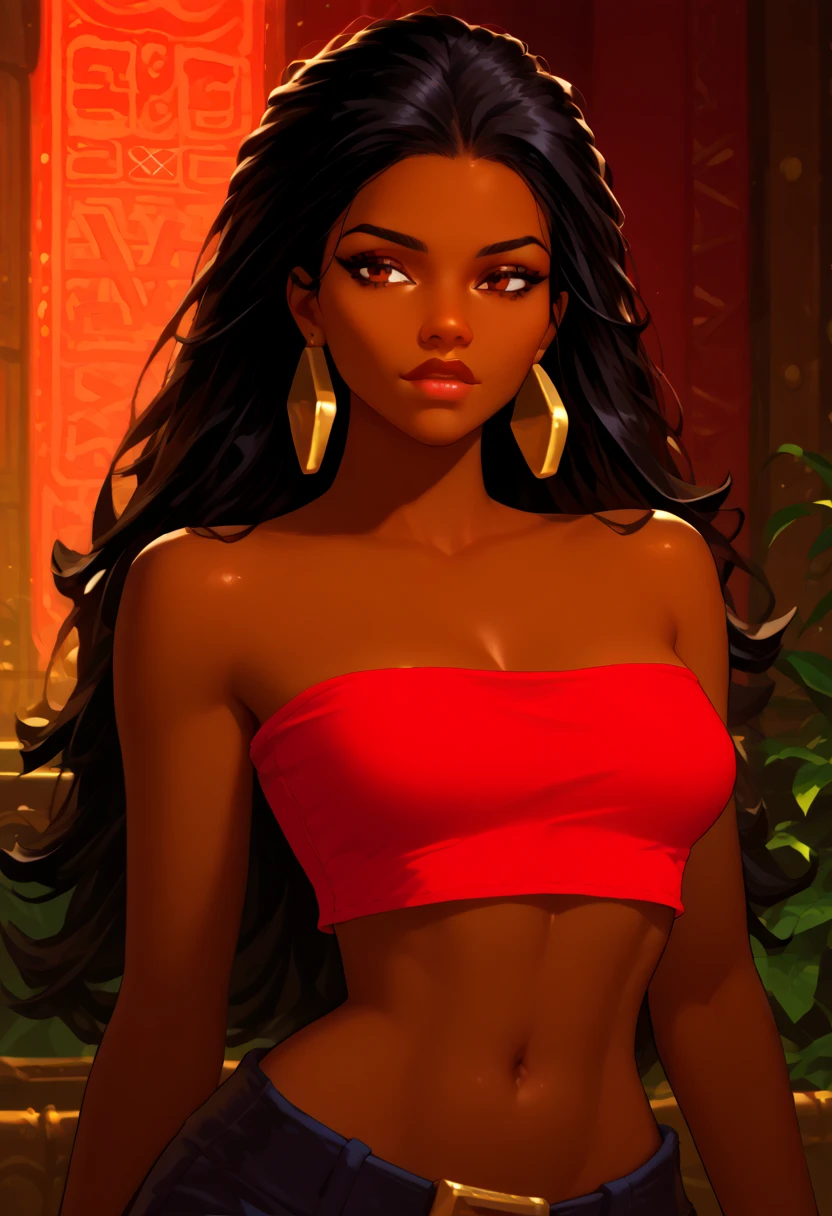 1woman 30year old, solo, long hair, looking at viewer, black hair, navel, cleavage, bare shoulders, brown eyes, jewelry, medium breasts, earrings, midriff, belt, dark skin, necklace, bracelet, dark-skinned female, lips, armlet, ((dynamic pose)), ((dynamic angle)),
