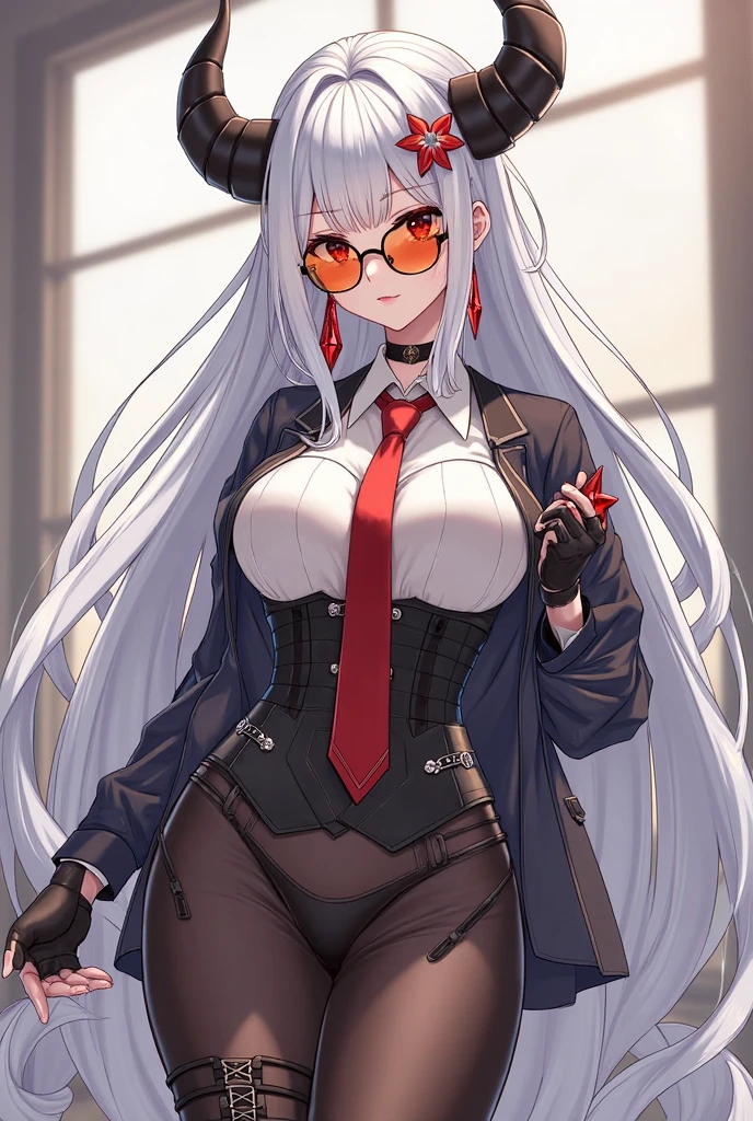 Mommy wolf silver gray hair with very big and huge breasts in a uniform with a red scarf and glasses very beautiful and very detailed