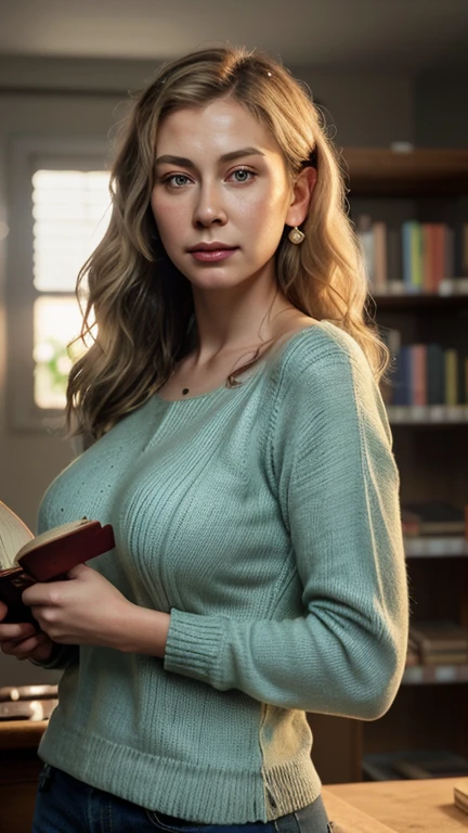(UHD), (32k), (Mastepiece), (highres, high resolution), (Advanced facial details), (natural skin:1.3), (DSLR), (high quality), (finely detailed face), (top quality), (Best Quality), (Centered), ((Full-length portrait)), Tia is shown to have a fairly slender figure. she has long platinum blond hair and large pale green eyes, detailed face , tall face , In the photo, we see a girl wearing a distinctive high school uniform, consisting of a blue jacket that matches a white shirt and stylish jeans. Her short hair, which hangs elegantly around her shoulders, reflects the light beautifully.
The girl is sitting in a quiet corner of the library, surrounded by books arranged on the shelves. She seems immersed in reading an open book in front of her, her eyes deeply focused on the pages. She is also wearing large headphones.
The lighting in the library is warm, creating a comfortable atmosphere, with some dim lights reflecting on the old wooden tables. Behind the girl, a variety of books can be seen, from classic literature to modern science books, highlighting her passion for knowledge.
Her facial expression reflects calmness and focus, as if the world around her has disappeared. In her other hand, she holds a pen, as if she is preparing to write down thoughts or notes about what she is reading. cleavage exposed, cowboy shot , superior quality, many details, Puri focus, Sharp and realistic.