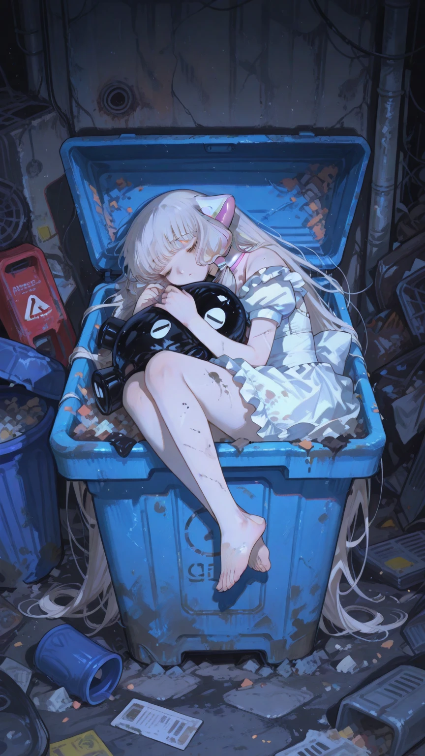 Cyberpunk Style,semi-realistic illustration,Dim neon,1android girl,are about to become a junkyard,It's raining,Garbage scattered ,fell and was buried inside,dirty maid outfit,Long hair,Bent hands and feet,Chobits,like a robot girl sleeping silently in a trash can