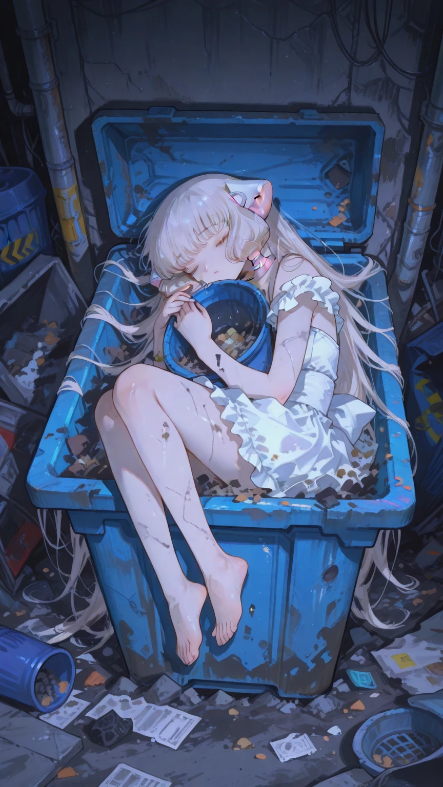 Cyberpunk Style,semi-realistic illustration,Dim neon,1android girl,are about to become a junkyard,It's raining,Garbage scattered ,fell and was buried inside,dirty maid outfit,Long hair,Bent hands and feet,Chobits,like a robot girl sleeping silently in a trash can