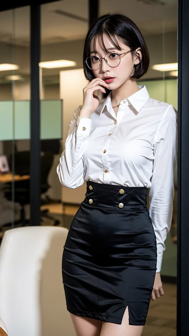 3l1z4b3th_bas, black hair, blue eyes, white shirt, pencil skirt, red lipstick, makeup, pantyhose