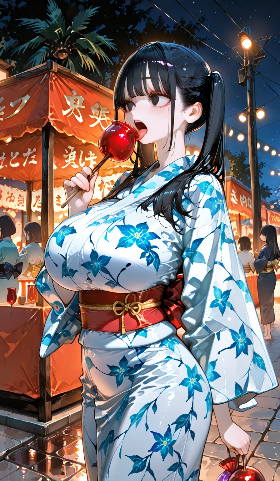score_9, score_8_up, score_7_up, score_6_up, source_anime, japanese clothes, breasts, kimono, yor briar, food, red eyes, black hair, candy apple, night, huge breasts, exposed nippels,flower, yukata, blush, hair flower, summer festival, hair ornament, outdoors, festival, smile, earrings, hairband, solo focus, jewelry, open mouth, looking at viewer, 1girl, floral print, obi, sidelocks, holding, night sky, sash, fireworks, alternate breast size, sky, bangs, lantern, rose
