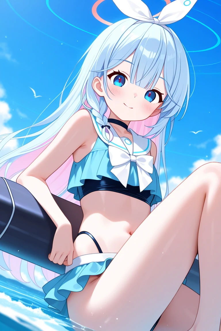(Masterpiece), (Top Quality Anime Illustration), (Super Definition), One Girl, Solo, Beautiful Girl with Silver Hair, Anime Loli, Cat Ear Loli, Petite, Cleavage Emphasis, Underboob, Thigh Emphasis, Bikini with White and Peach Stripes, White See-Through Hoodie, Smile, Buttocks, Buttocks Up, Back, South Island Sea, Water