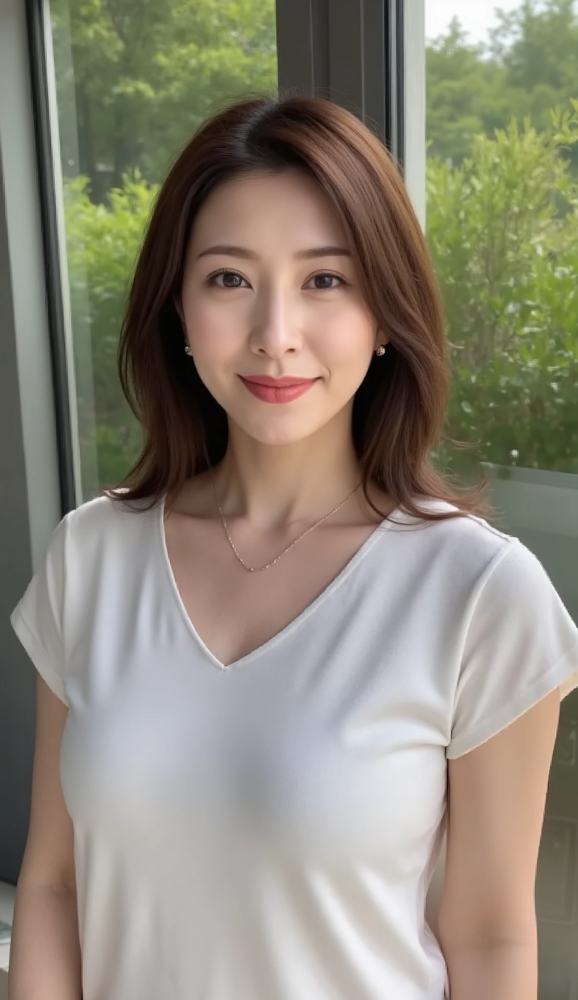 ((:1.3)), ( detailed description of the hair ), brown hair, ( face ), (Detailed description of the body), (((Girls with the best smiles 1:3)))、Elegant laugh wrinkles、HD Images , masterpiece, top quality, ( high detail to cover with your finger, formal: 1.4), ( realistic : 1.2), Depth, Sadistic, (ultimate beauty), ((55 years old,: 1.4)), Japanese、(( Fine lines of a smile :1.2))、 American casual style、A simple t-shirt with a collar、necklace、(Lipstick:1.1), ( Eyeliner :1.2), long mascara , eyeshadow ,優しい笑 face、 sensual red lips 、Summer sun