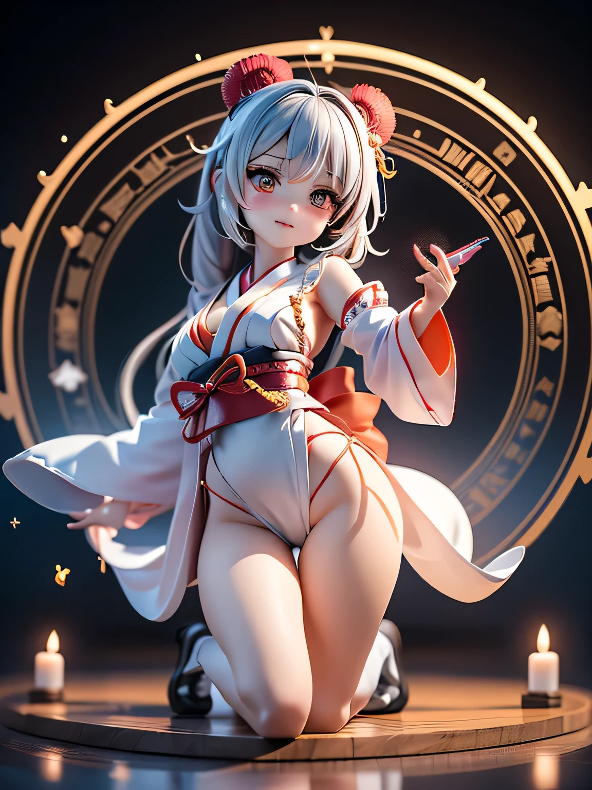 /*Cyber Priestess*/,(((future shrine maiden who manipulates technology and magic))),(((red and white shrine maiden costume that makes you feel the future))),(((appearing from swirling light))),(((Magic circle shining in seven colors))),(((hair mixed with silver and orange))) ,low angle,professional lighting, Real Shadow,Extremely Delicate and Beautiful Hair,detailed clothing features,professional lighting,uses shadows to project the target three-dimensionally,complicated details,clothes disturbed by movement,(((3D Images:1.3))),(Image Mode Ultra HD),