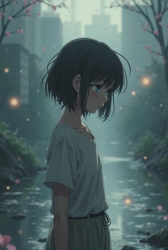 Anime girl in white shirt and blue shorts standing on street - SeaArt AI