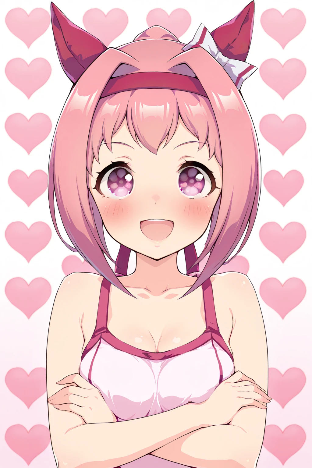 Haru Urara (umamusume), 1girl, solo, breasts, looking at viewer, blush, open mouth, cleavage, small breasts, crossed arms, breast hold, heart background,Smile