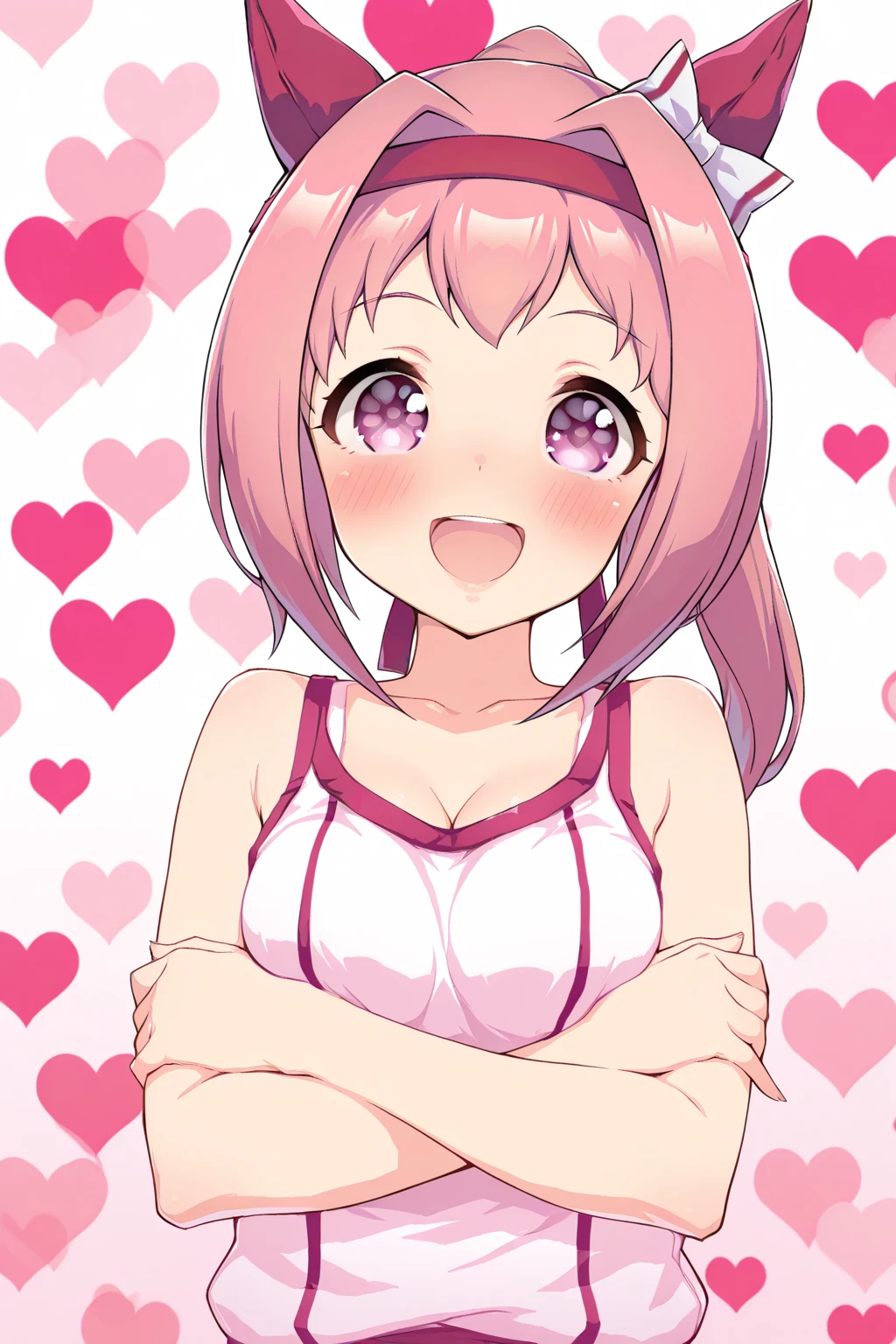 Haru Urara (umamusume), 1girl, solo, breasts, looking at viewer, blush, open mouth, cleavage, small breasts, crossed arms, breast hold, heart background,Smile