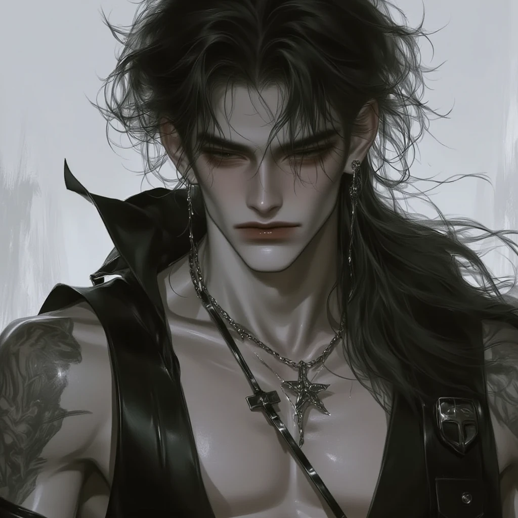 ((Best quality)), ((masterpiece)), (detailed), ((perfect face)), ((halfbody)) perfect proporcions,He is a handsome vampire, he is 18 years old, , bare chest, piercings and tattoos, badass, he wears open leather jacket he has long wavy hair, he has brown hair, he wears gothic makeup, sky night, bats flying around him, he's sexy, ((perfect face)) there are bats flying around him, fullbody+ vampire ambience ((perfect face)) fullbody+ vampire ambience, ((vampire ambience)) 