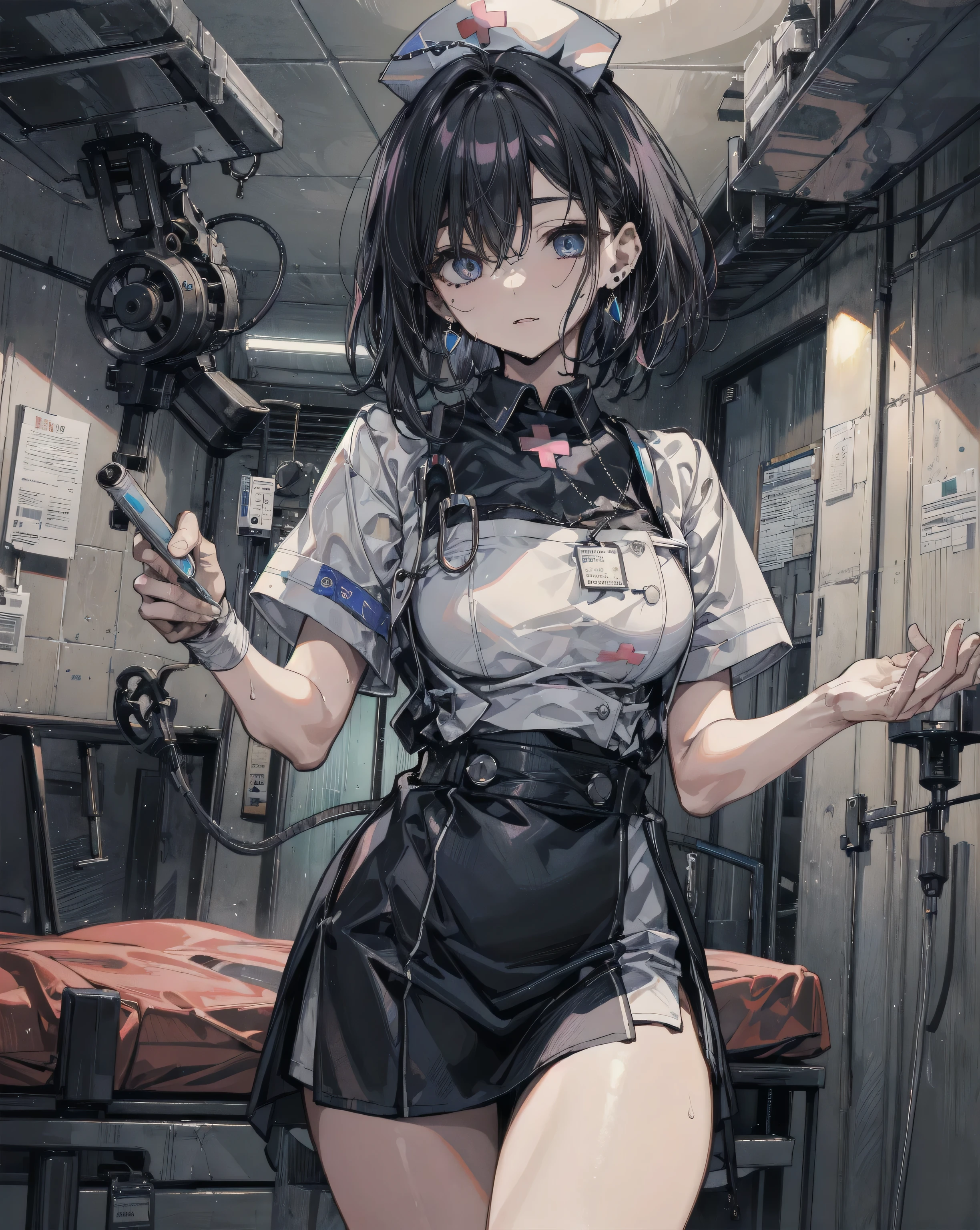 ((Obra de arte, melhor qualidade, alta qualidade)),1 garota, (corpo lento, hospital) (longenfermeirat1, enfermeira cap, stethoscope, enfermeira,vestido longo),