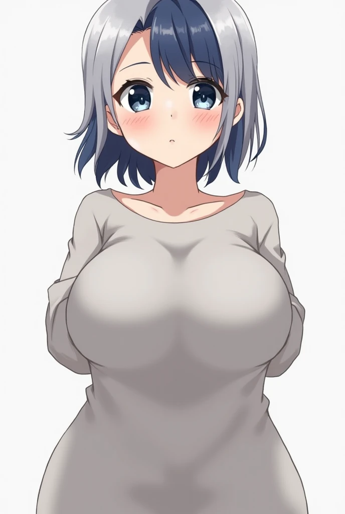 1girl, solo, huge breasts, short hair, (one breast out), tank top, breasts_out, nipples, arms behind back, mature female, <lora:onebreastoutFWS3:1> simple background,
