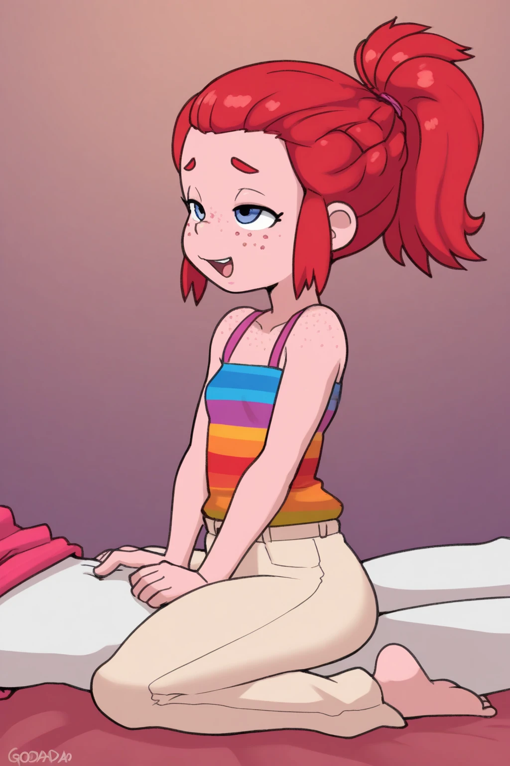 Score_9, score_8_up, BREAK, Pippi, 1girl, solo, red hair, short twintails, black eyes, freckles, nude body, flat chest, thighhighs, mismatched legwear, multicolored legwear, asymmetrical legwear, seductive, aroused, blush, from above, 1man around, erected penis, saliva, open mouth, tongue, orgasm face, girl lies on bed, lies on back, vaginal, fuck in pussy, man grab girl hips, pussy juice, tears,