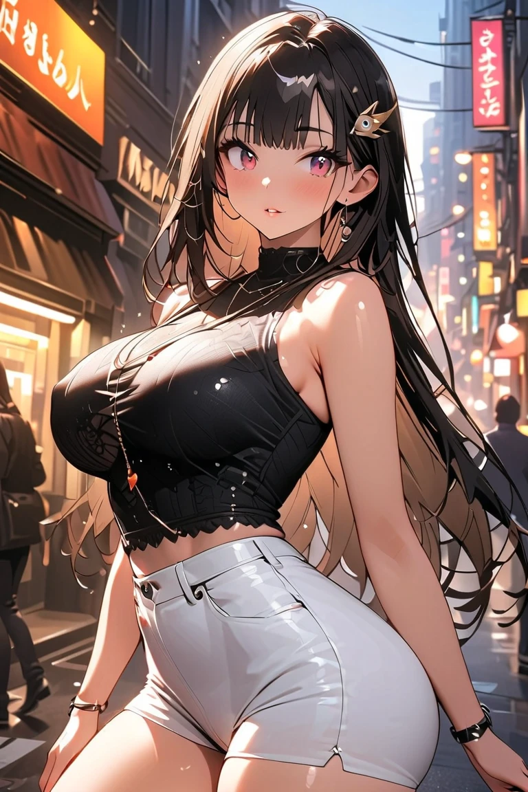 highres, highest quallity, illustration,  ultra detailed, (detailed face), (detailed eyes), soft lighting, best quality, hazy glow, dreamy atmosphere, hyper detailed, masterpiece, 1girl, solo,black long hair, (black eyes:1.2), (white tank top:1.0), luminous eyes, large breasts, (colorful),from below, outdoors, clouds, tall buildings in background, industrial, public transportation, urban, concrete, sidewalk,summer, black Dhaka topi,black choker, silver bracelet,(wet:0.8),(drooling:0.6),(sweat:0.8) ,(parted lips:1.3),(harf open eyes:1.4),backlighting, Radiant Sunset, Golden Embrace, Vibrant Twilight, Ablaze in Colors, Serenading Sun, bedroom eyes, romantic, looking pleasured, open smile