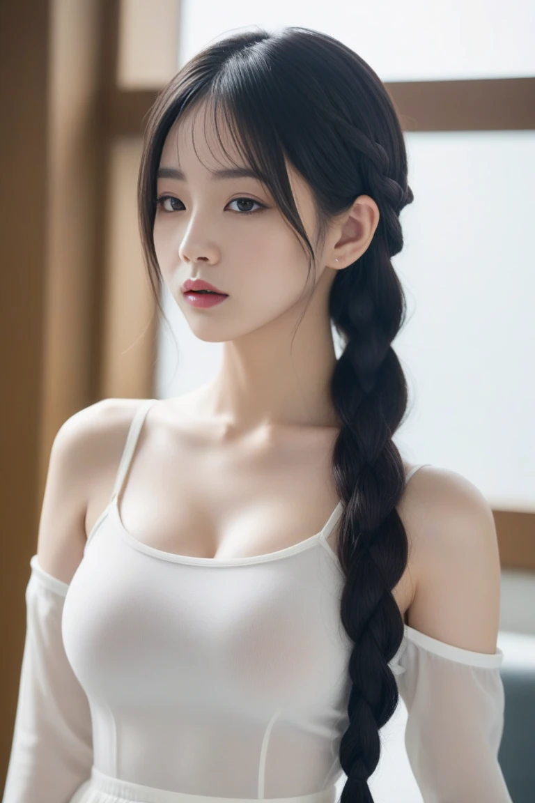 Mei mei from jujutsu kaisen, realistic, age 25, pure white skin, black pupils, white long front side braided hair, perfect face, perfect shape body, large breasts, blue dress, posing to viewer.
