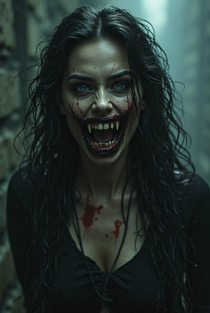 a woman with bulging eyes, long hair showing her long fangs, dressed all in black, with a scary face and looking like she was about to pounce. makes people who see it run away in fear, black and white background in a room