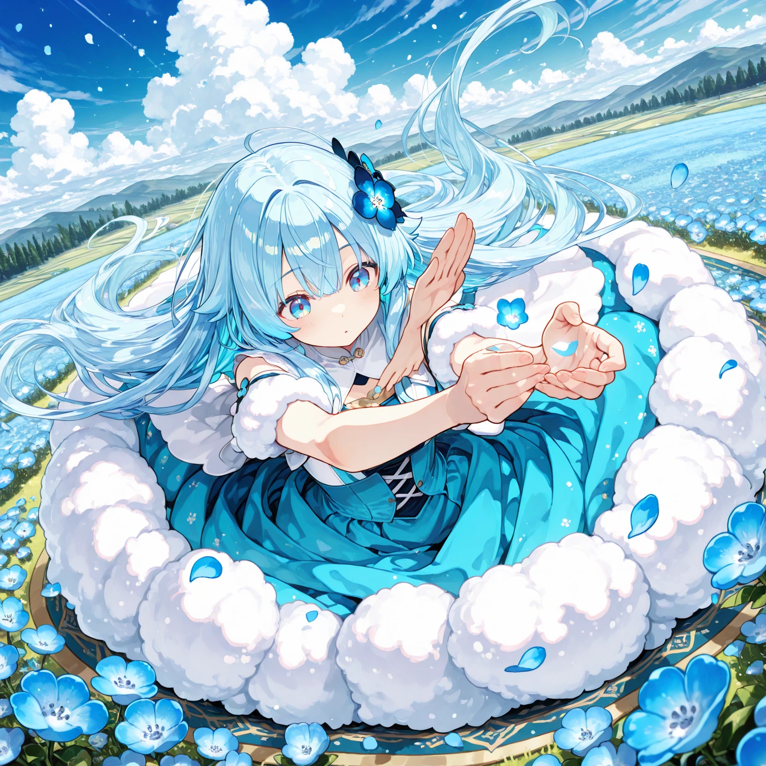 Light blue long hair、beautiful girl with twin tails、I wear glasses　have angel wings、fly in the sky、Long Blue Hair((Chibi Character))、fluffy、With a girl、Chibi Character、Esbian all over、Blue sky with clouds floating、A flower field in a park filled with fresh greenery、highest quality、The center is large、