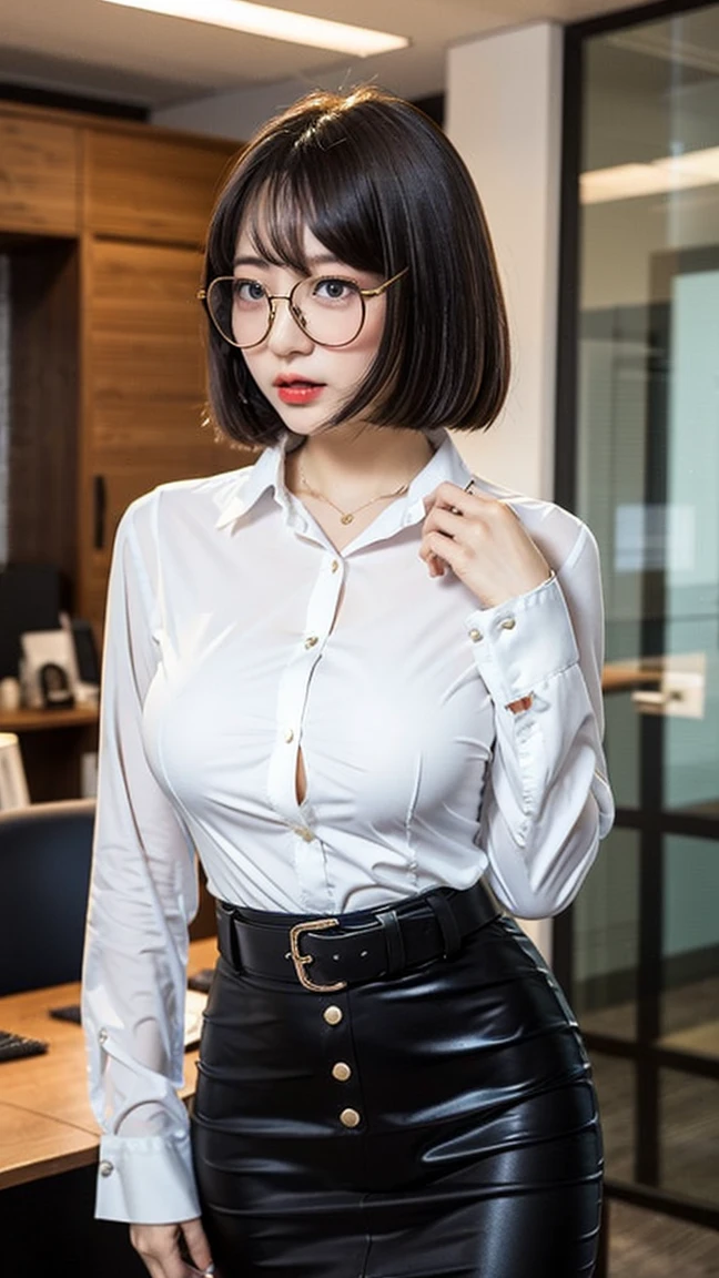 (Elite secretary of the upper class in light underwear), sit on a chair,work in the office、 (wear pantyhose)、(short layered hair)、crossed legs, wear high-end heels、 (stockings and skirt), Collared button shirt secretary, merchant, wear a shirt and skirt, business suit, business attire, RAW photo, (8K、highest quality、master piece:1.2)、(intricate details:1.4)、(Photoreal:1.4)、octane rendering、Ultra-detailed complex 3D renderings, vivid details, super detail, realistic skin texture, detail makeup, beautiful detailed eyes, Highly detailed CG Unity 16k wallpaper, Makeup - Makeup, (detailed background:1.2、((Foliage plant))、necklace、earrings、Glasses with light silver trim、buckshot、side shot), shiny skin、naked to the thighs!!!,