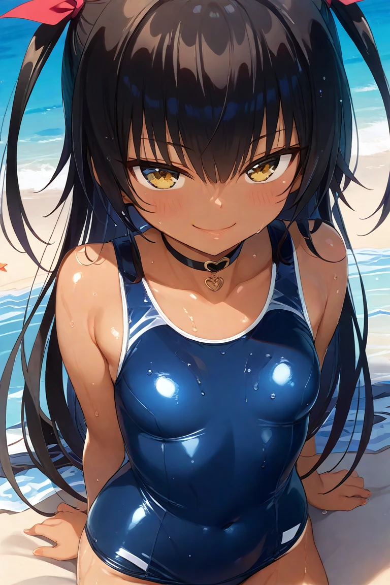 beach、School swimsuit、Sunburn、Tan Skin、Embarrassed、1 girl、Navy blue school swimwear、blunt bangs、Black Hair、super fine illustration,(((beautiful fine hair))),(((beautiful fine face))),(((beautiful fine background))),Midsummer、beachBlack Hair、blunt bangs、Cross-eyed