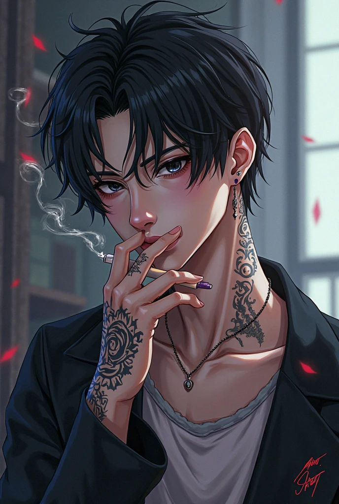 ((4K works))、​masterpiece、（top-quality)、((high-level image quality))、((One Beautiful Fallen Angel Man))、Slim body、((Vampire Black Y-Shirt Fashion))、(Detailed beautiful eyes)、((Red roses and crows on fantastic black background))、Inside the Evil Castle、((Face similar to Chaewon in Ruseraphim))、((Center parting long-haired and gray-haired man))、(((white  hair)))、((Smaller face))、((Neutral face))、((Red Eyes))、((Korean Male))、((18year old))、((wild boy))、((Show your teeth and smile))、((Korean makeup with black eyeshadow))、((elongated and sharp eyes))、(((Shot alone)))、((Fallen Angel))、Photos of fallen angels、Villain、Dark Proof、((Shot diagonally from the side))、King of Fallen Angels